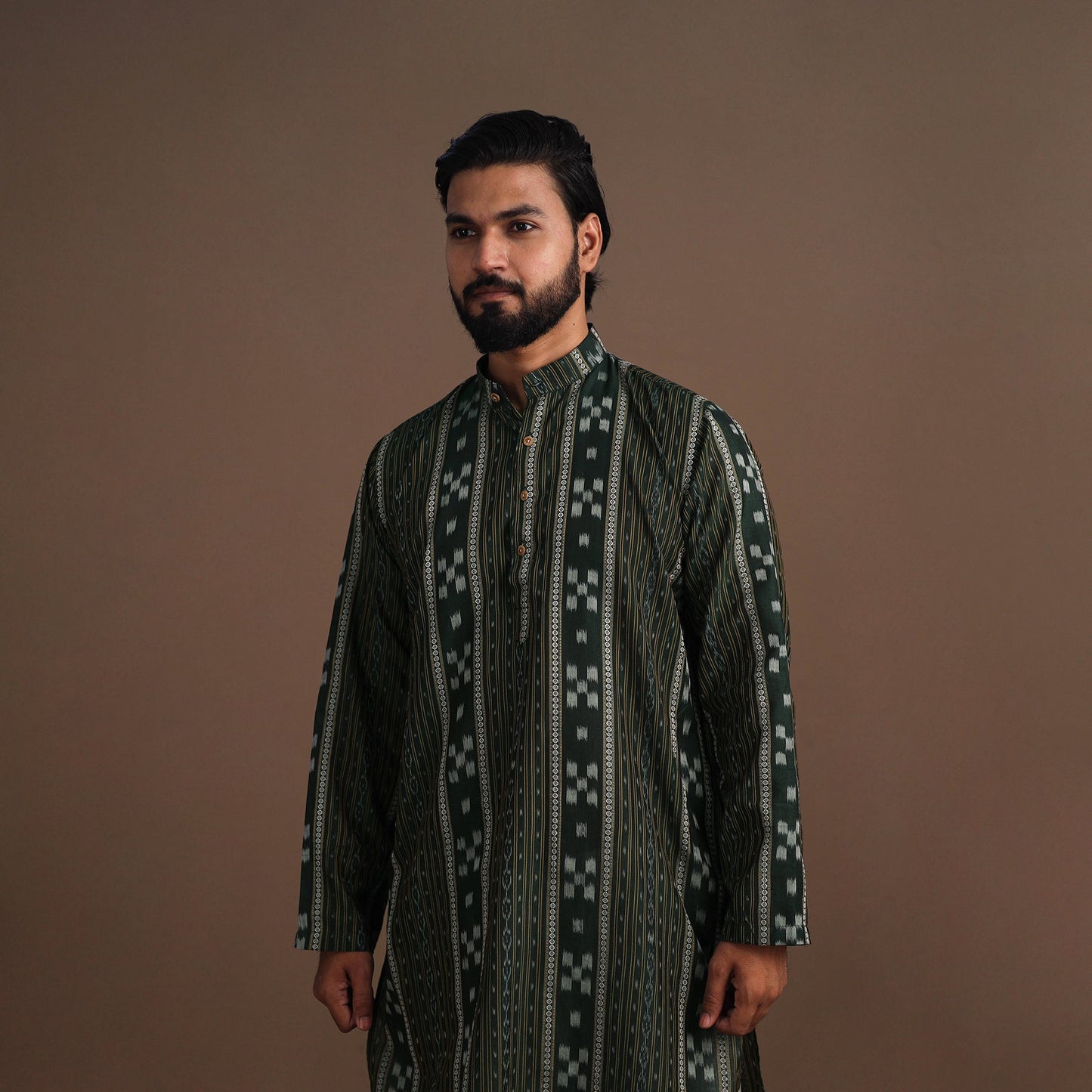 Green Sambalpuri Ikat Weave Cotton Men Long Kurta