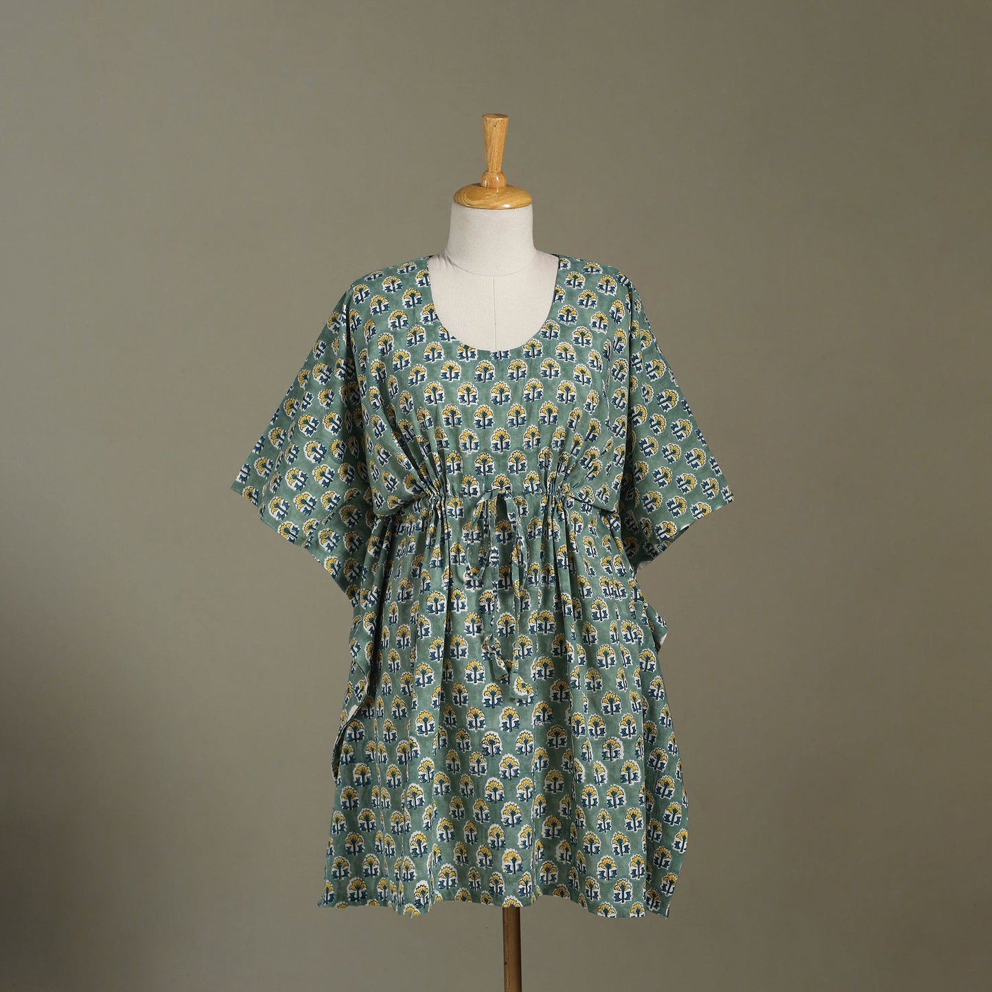 Green Sanganeri Block Print Cotton Kaftan (Medium) 