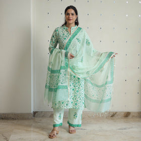 Green - sanganeri cotton kurta suit set 03 - handcrafted