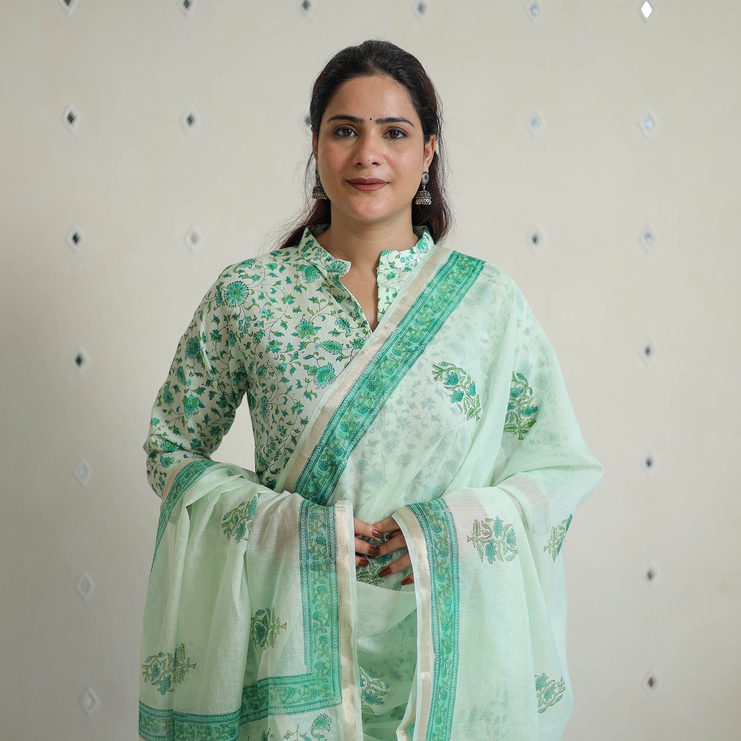 Green - sanganeri cotton kurta suit set 03 - handcrafted