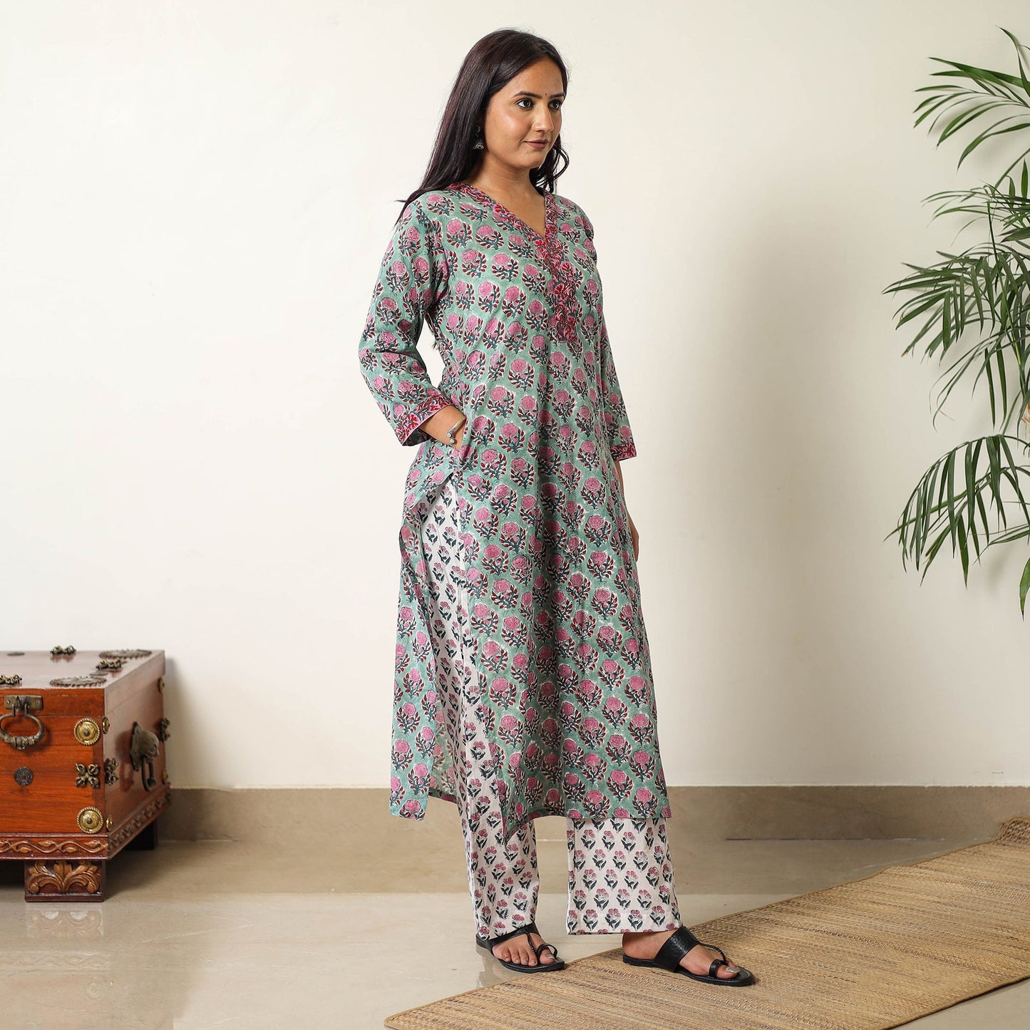 Green - sanganeri printed cotton kurta with palazzo &
