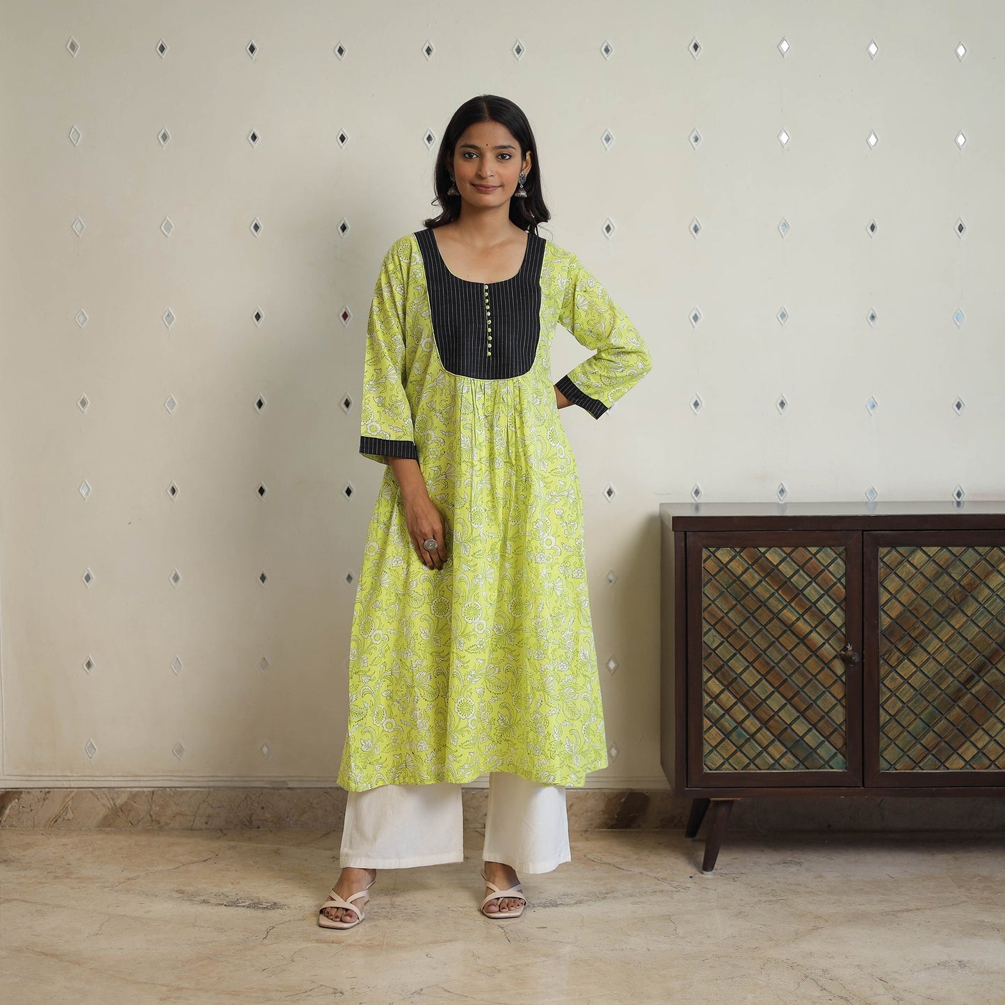 Buy Green Sanganeri Block Printed Cotton A-Line Kurta Online
