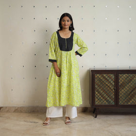 Buy Green Sanganeri Block Printed Cotton A-Line Kurta Online