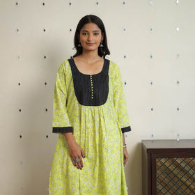 Buy Green Sanganeri Block Printed Cotton A-Line Kurta Online