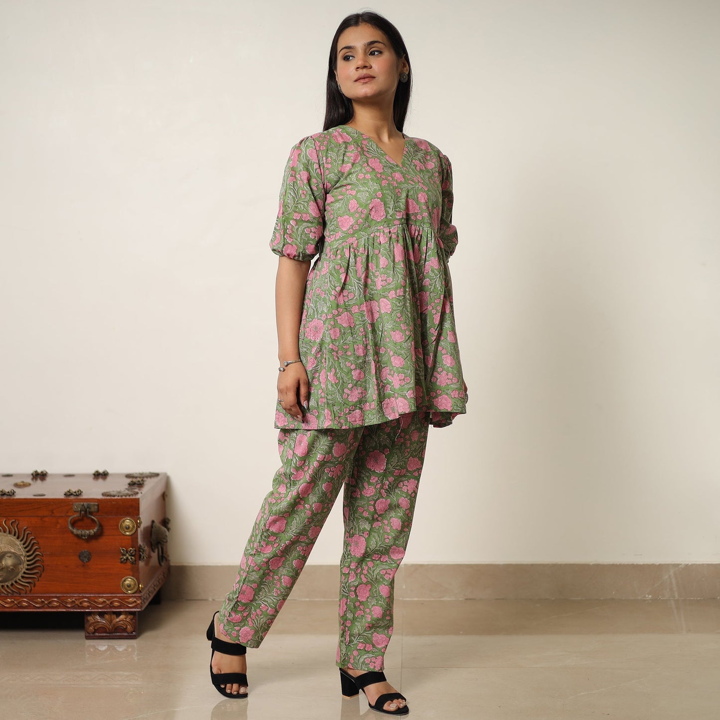 Green - sanganeri block printed cotton co-ord set 27