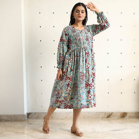 Buy Sanganeri Block Printed Cotton Pintuck Flared Dress 17 Online at iTokri.com