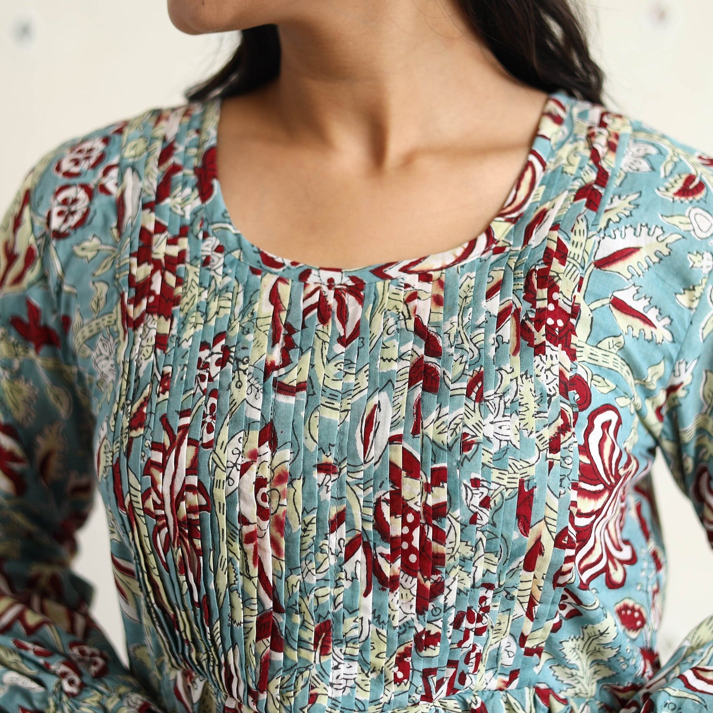 Buy Sanganeri Block Printed Cotton Pintuck Flared Dress 17 Online at iTokri.com