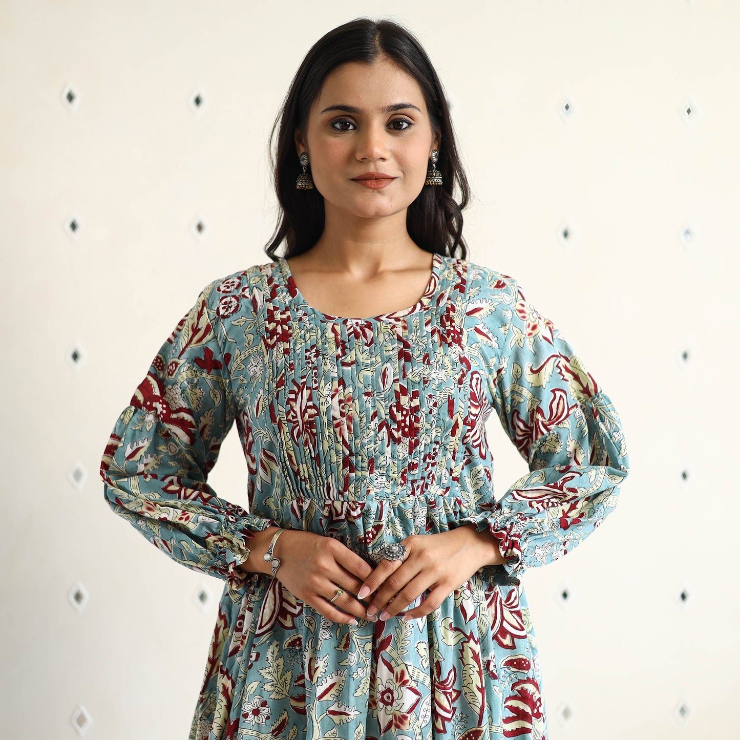 Buy Sanganeri Block Printed Cotton Pintuck Flared Dress 17 Online at iTokri.com