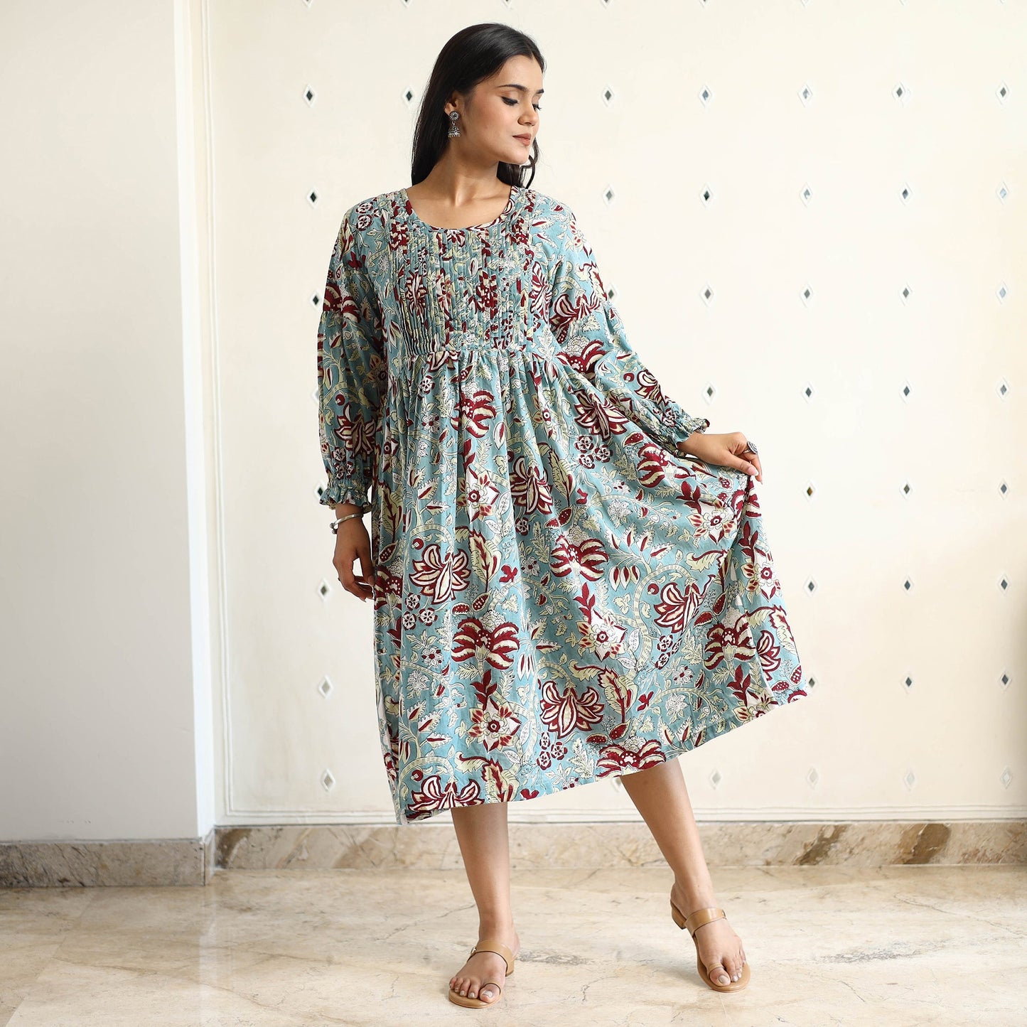 Buy Sanganeri Block Printed Cotton Pintuck Flared Dress 17 Online at iTokri.com