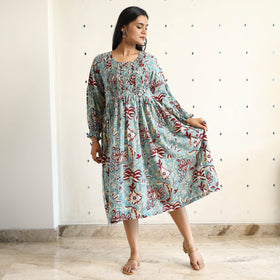 Buy Sanganeri Block Printed Cotton Pintuck Flared Dress 17 Online at iTokri.com