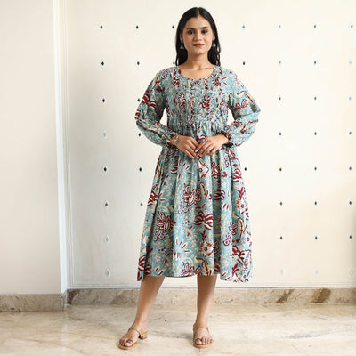 Buy Sanganeri Block Printed Cotton Pintuck Flared Dress 17 Online at iTokri.com