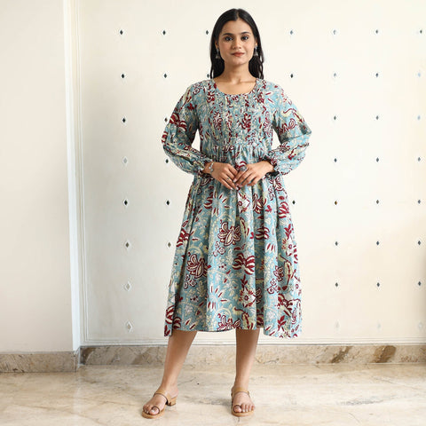 Buy Sanganeri Block Printed Cotton Pintuck Flared Dress 17 Online at iTokri.com