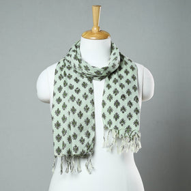 Green - Sanganeri Block Printed Cotton Stole with Tassels 20