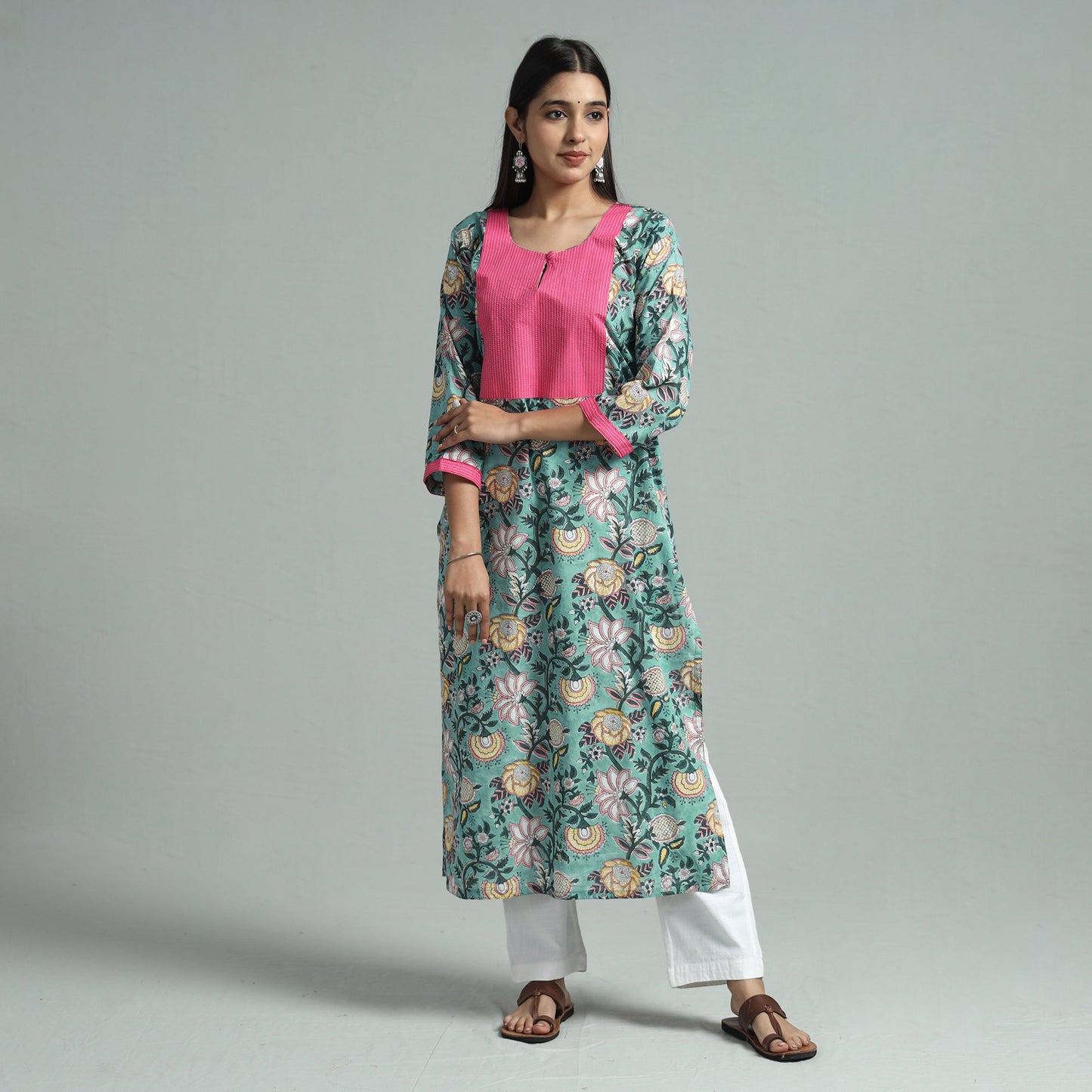 Green - sanganeri block printed cotton straight kurta