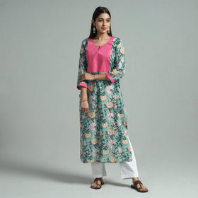 Green - sanganeri block printed cotton straight kurta