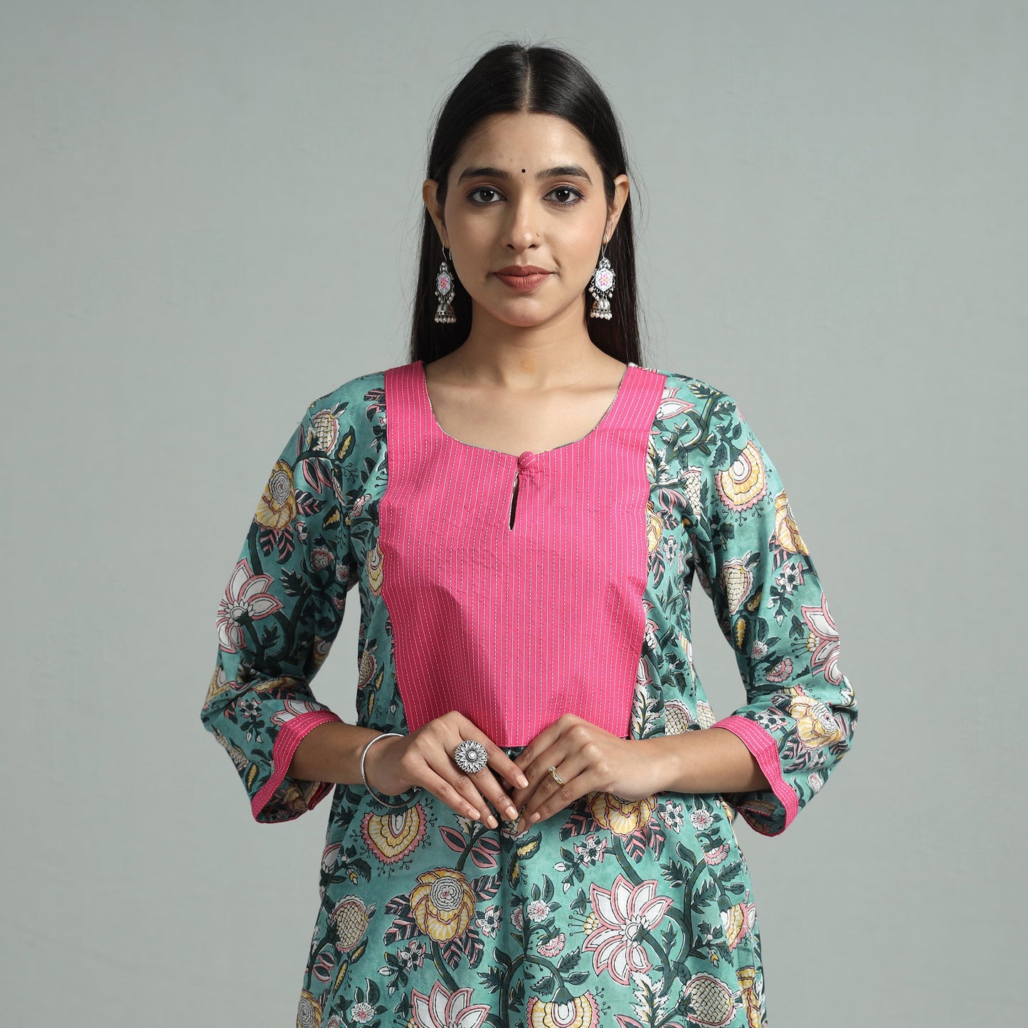 Green - sanganeri block printed cotton straight kurta
