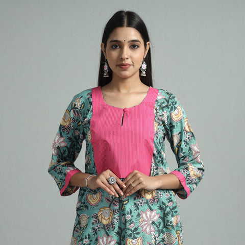 Green - sanganeri block printed cotton straight kurta