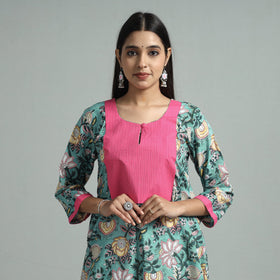 Green - sanganeri block printed cotton straight kurta