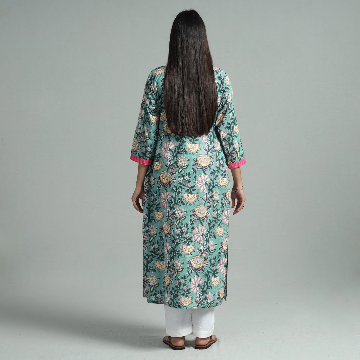 Green - sanganeri block printed cotton straight kurta