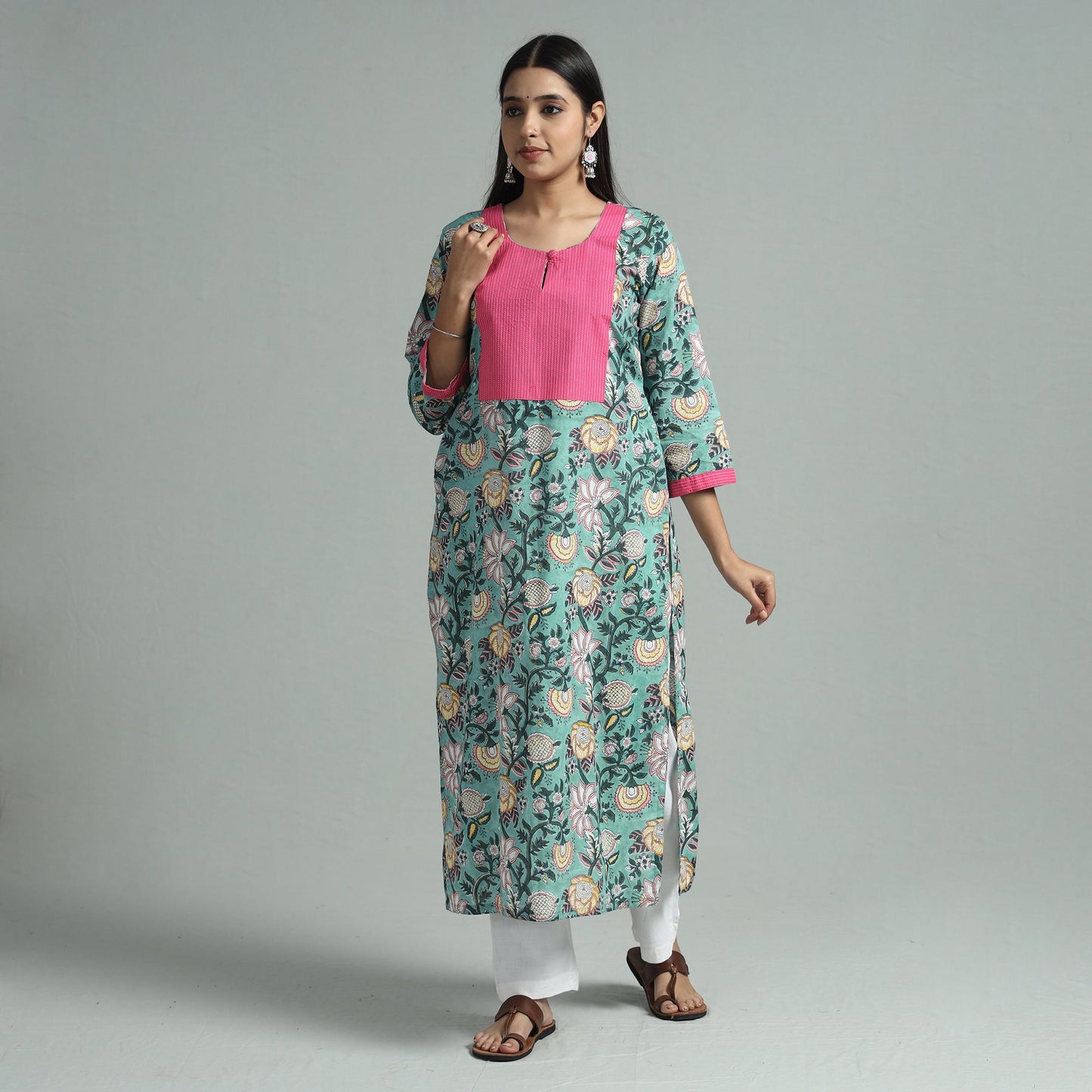 Green - sanganeri block printed cotton straight kurta