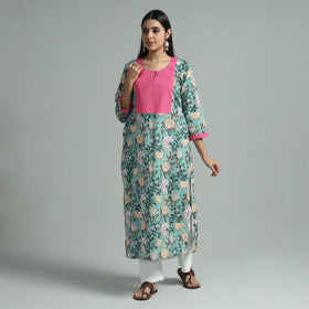 Green - sanganeri block printed cotton straight kurta