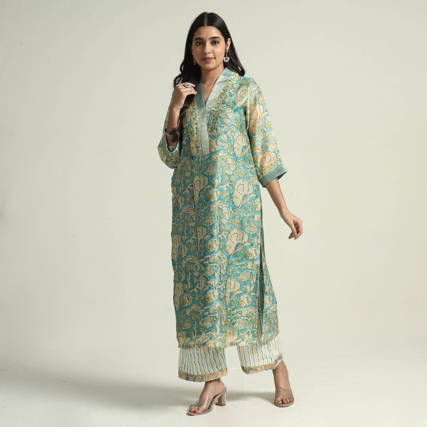  Sanganeri Block Printed Maheshwari Silk Kurta with Palazzo & Dupatta Set 