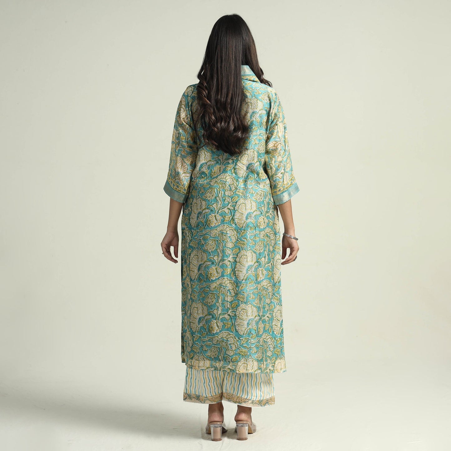  Sanganeri Block Printed Maheshwari Silk Kurta with Palazzo & Dupatta Set 