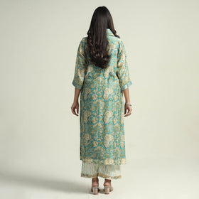  Sanganeri Block Printed Maheshwari Silk Kurta with Palazzo & Dupatta Set 