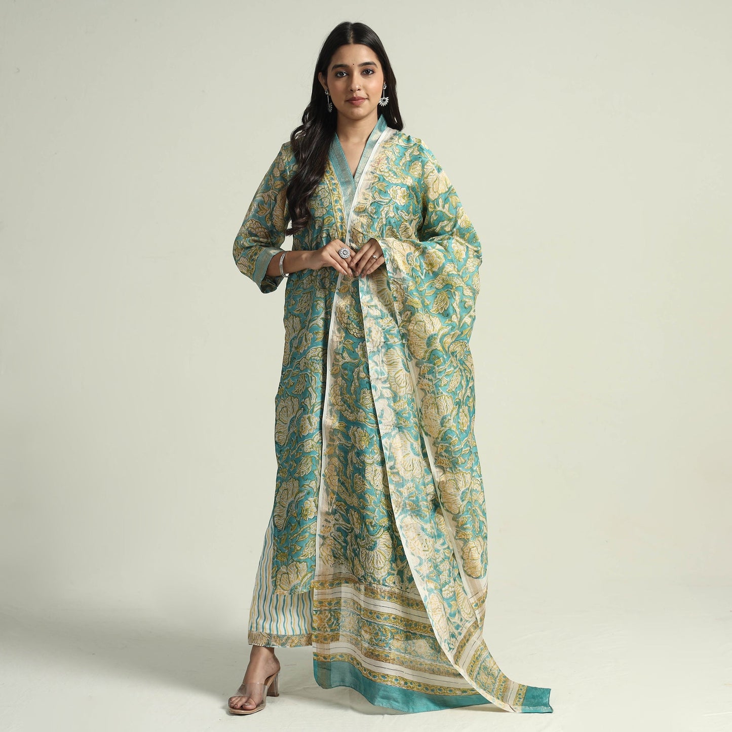  Sanganeri Block Printed Maheshwari Silk Kurta with Palazzo & Dupatta Set 