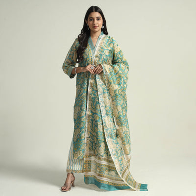  Sanganeri Block Printed Maheshwari Silk Kurta with Palazzo & Dupatta Set 
