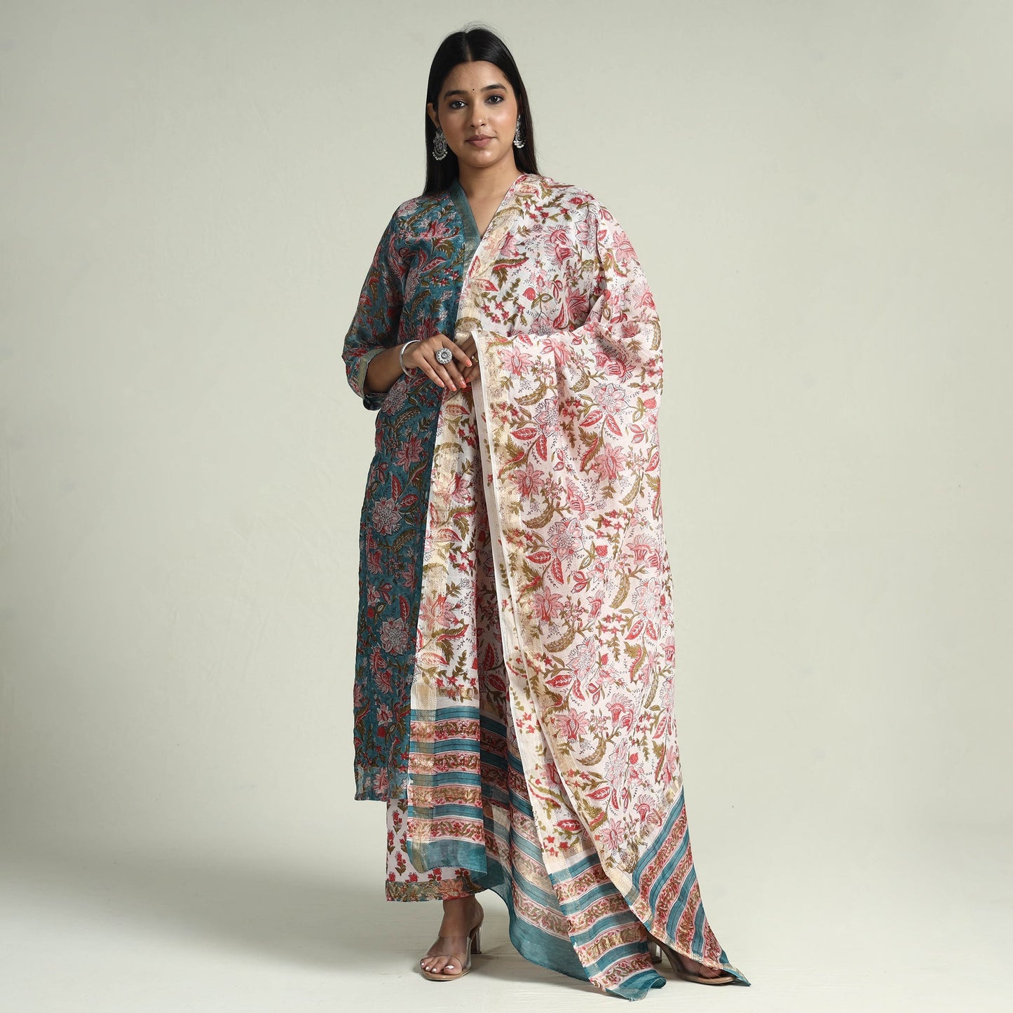  Sanganeri Block Printed Maheshwari Silk Kurta with Palazzo & Dupatta Set Online at iTokri.com