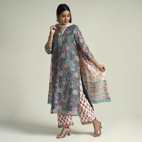  Sanganeri Block Printed Maheshwari Silk Kurta with Palazzo & Dupatta Set Online at iTokri.com