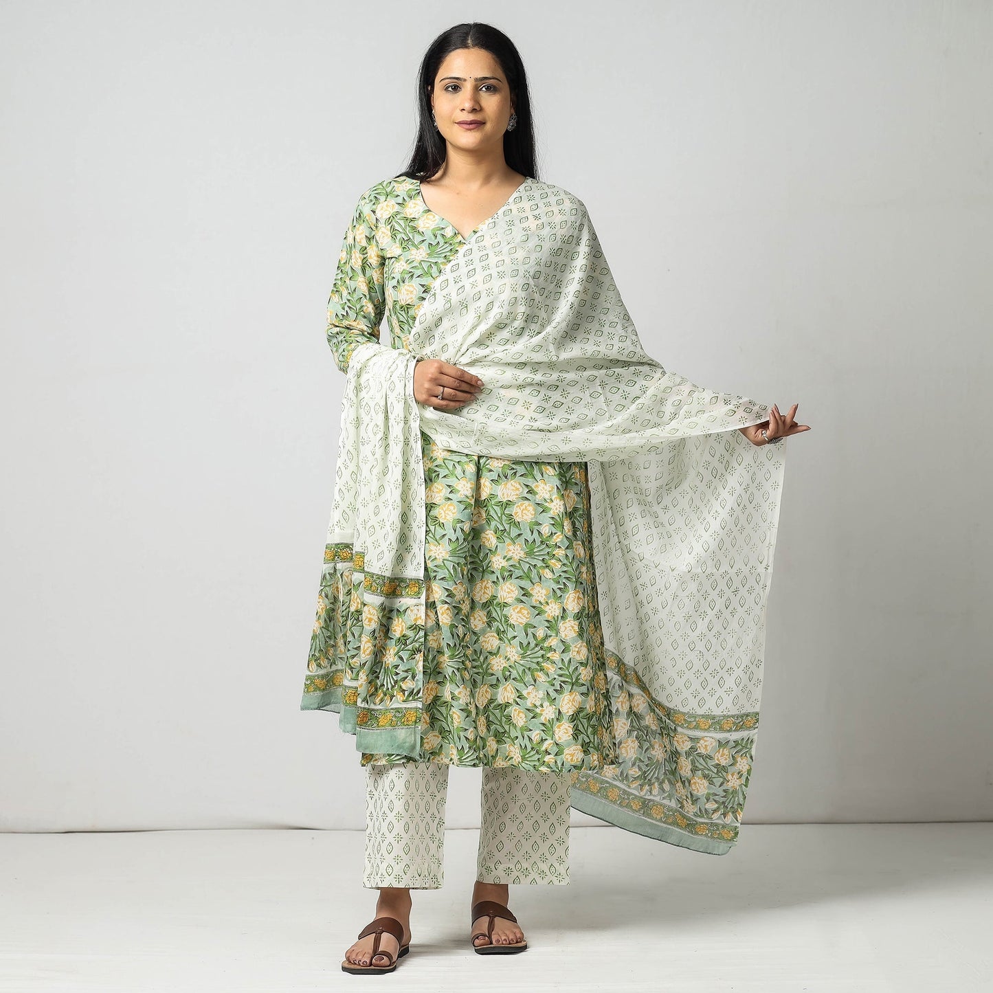 Green - sanganeri printing cotton kurta with palazzo &
