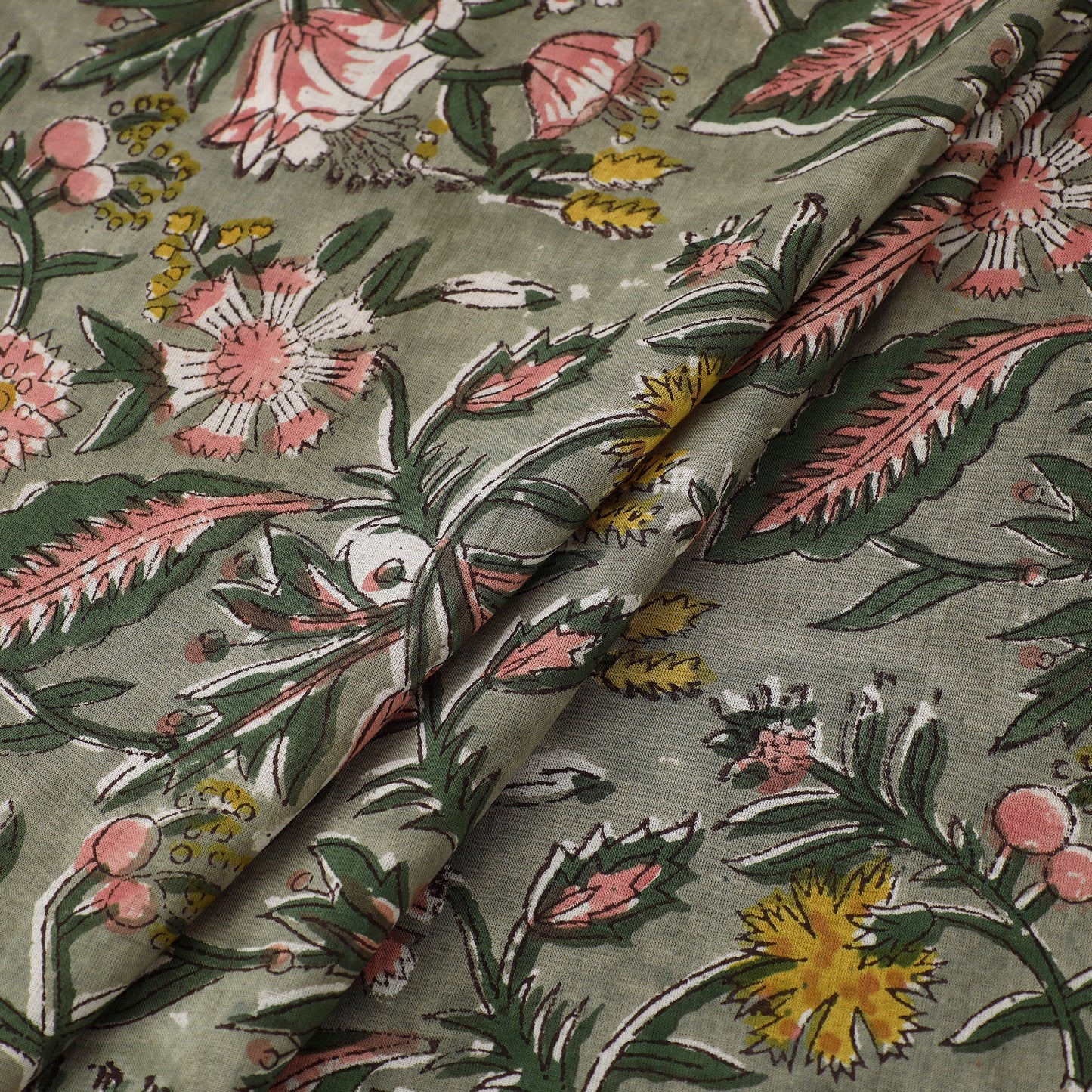 Green Sanganeri Block Print Cotton Fabric