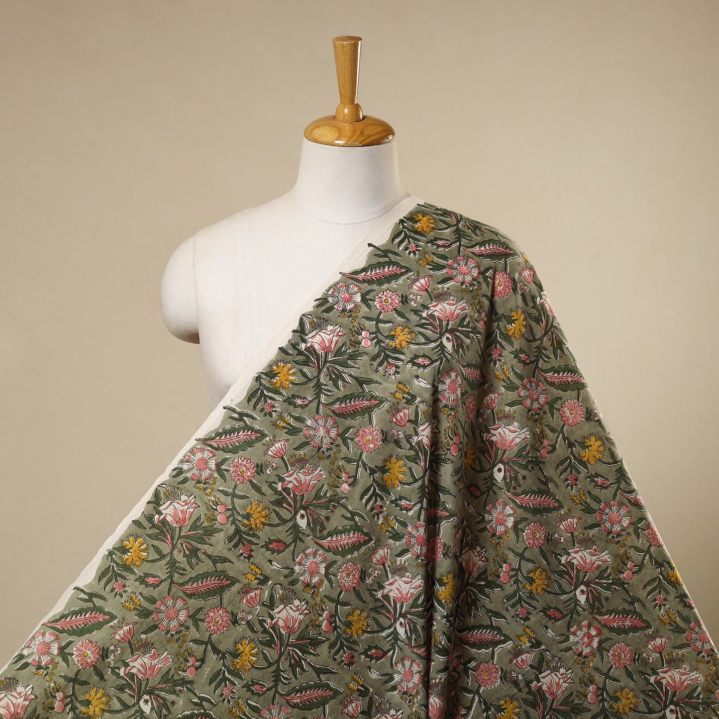 Green Sanganeri Block Print Cotton Fabric