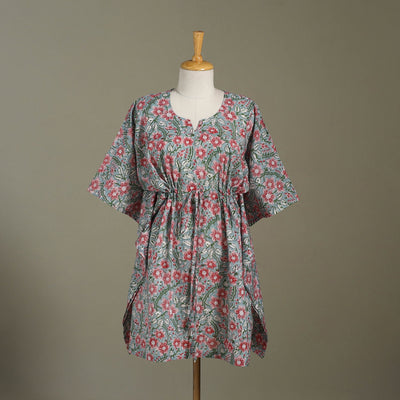 Green Sanganeri Block Print Cotton Kaftan (Medium) 