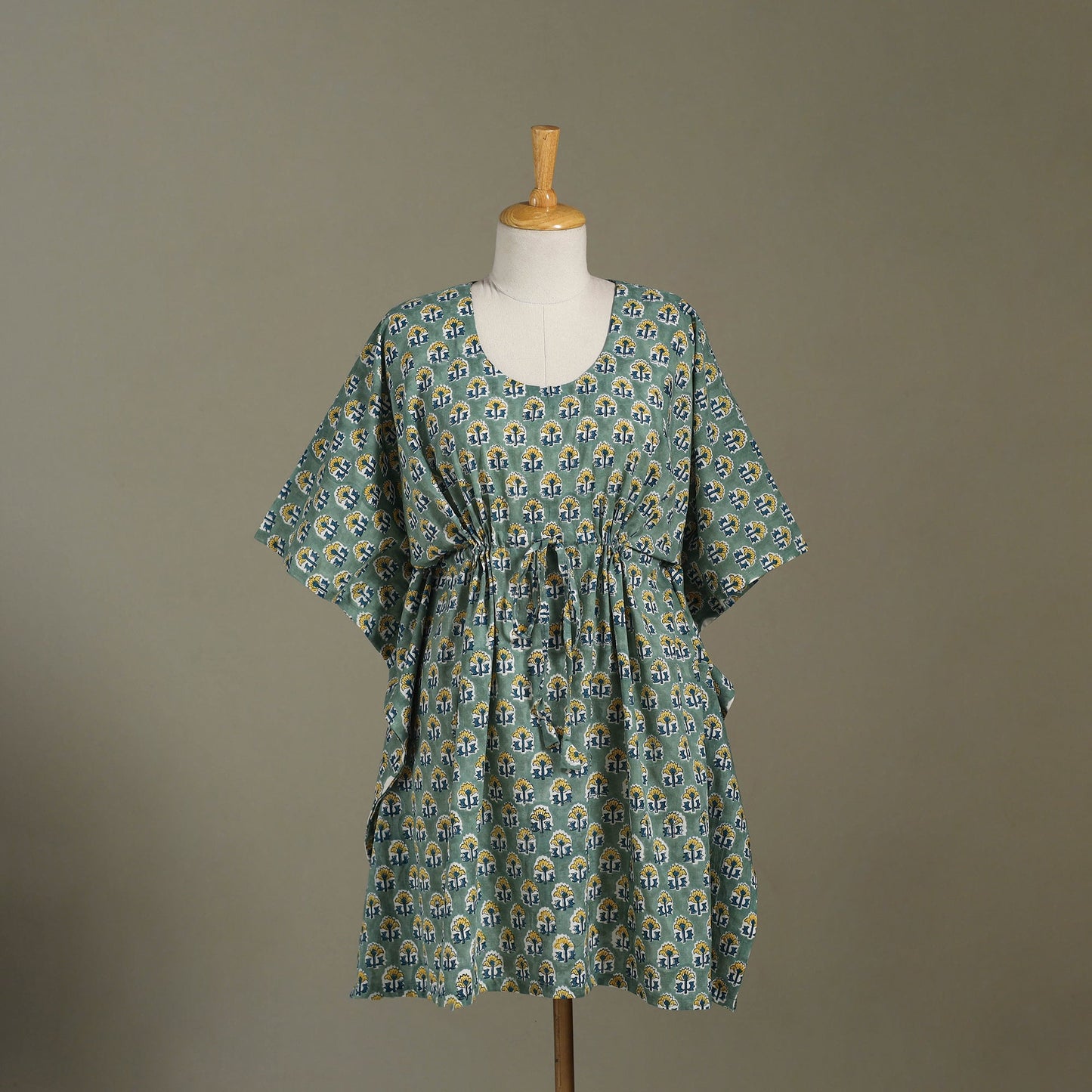 Green Sanganeri Block Print Cotton Kaftan (Medium) 