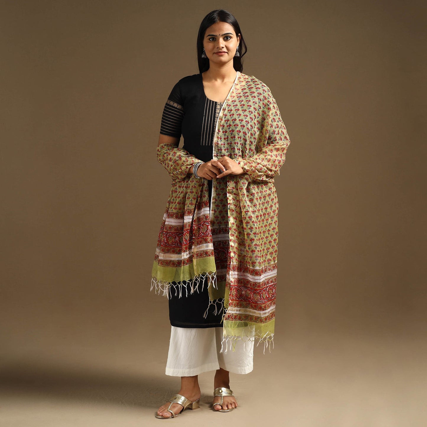 Green Sanganeri Block Print Cotton Kota Doria Dupatta