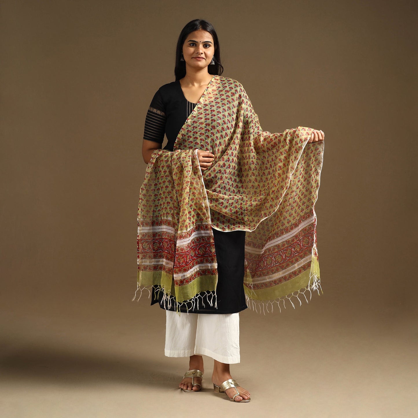 Green Sanganeri Block Print Cotton Kota Doria Dupatta