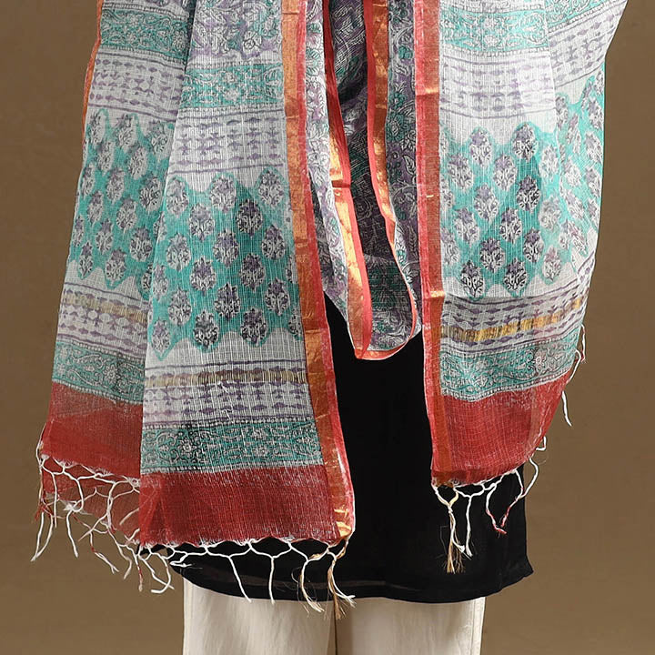 Green Sanganeri Block Print Cotton Kota Doria Dupatta
