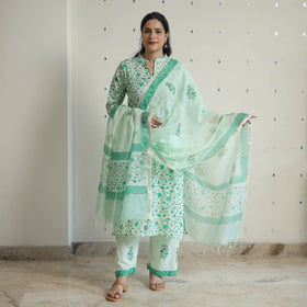 Green - sanganeri cotton kurta suit set 03 - handcrafted