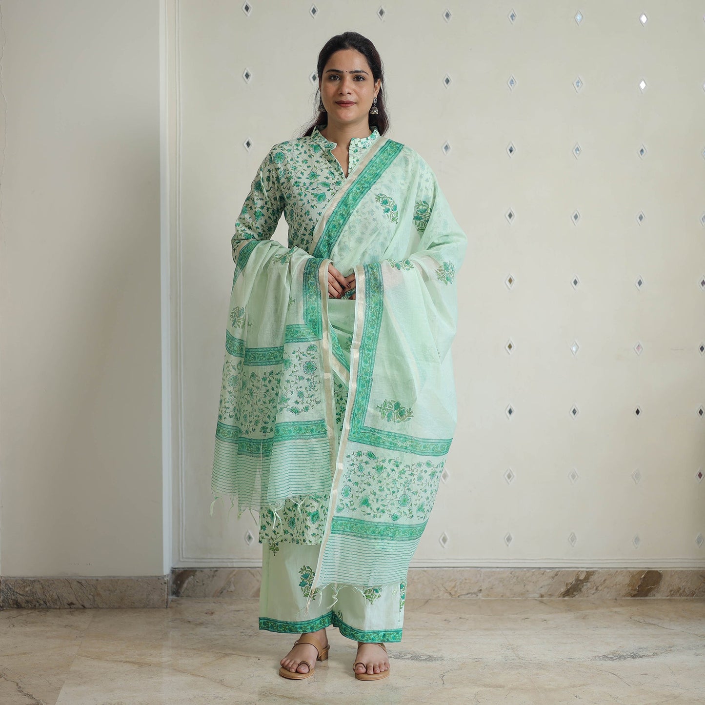 Green - sanganeri cotton kurta suit set 03 - handcrafted