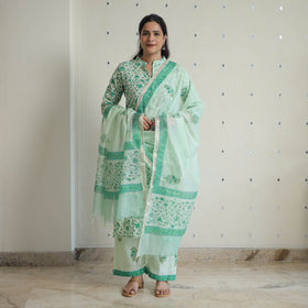 Green - sanganeri cotton kurta suit set 03 - handcrafted