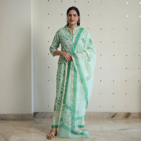 Green - sanganeri cotton kurta suit set 03 - handcrafted