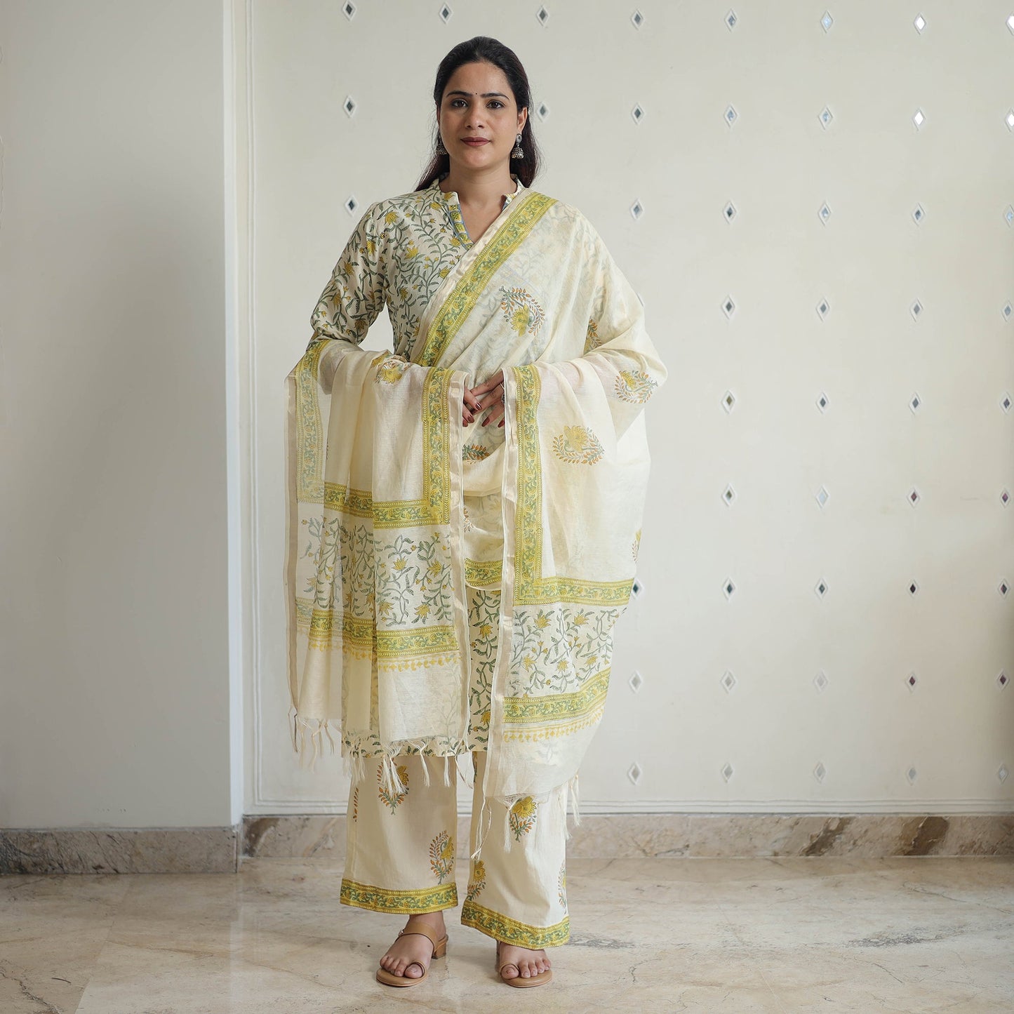 Green - sanganeri cotton kurta suit set 07 - handcrafted