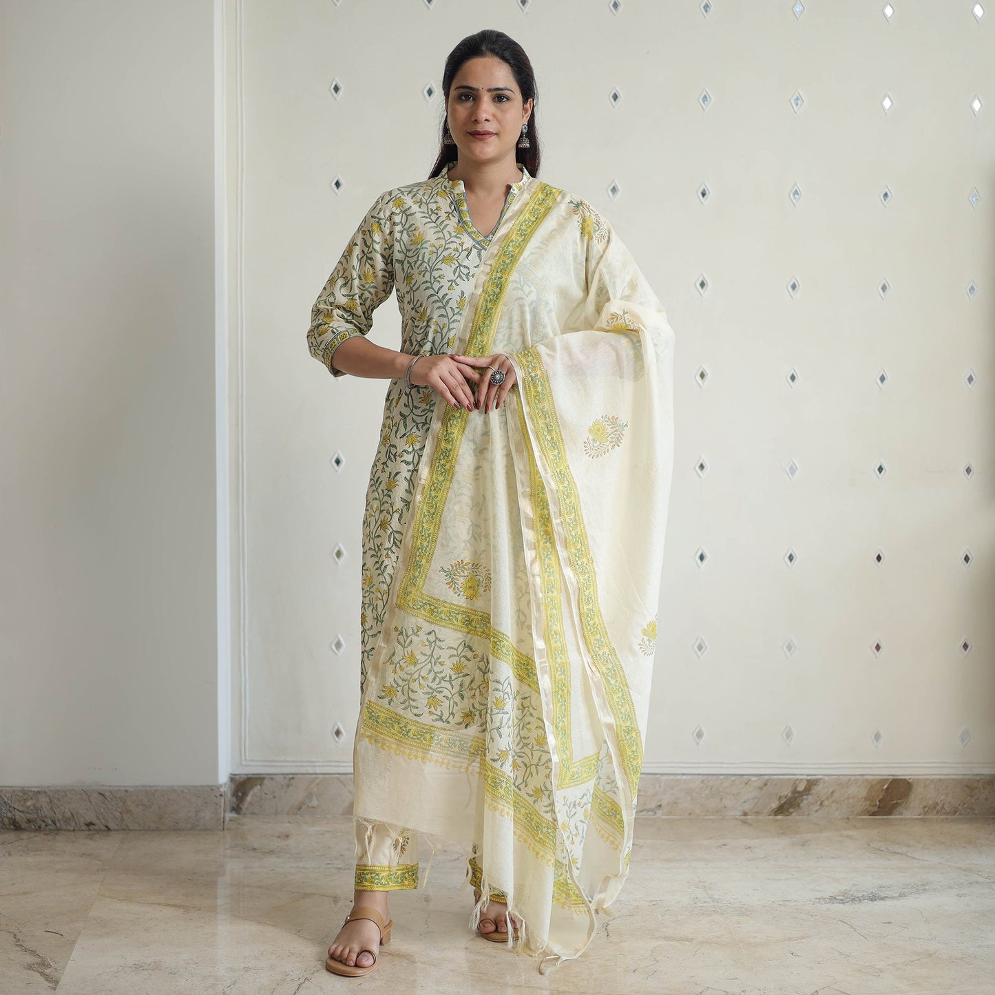 Green - sanganeri cotton kurta suit set 07 - handcrafted