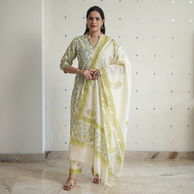 Green - sanganeri cotton kurta suit set 07 - handcrafted