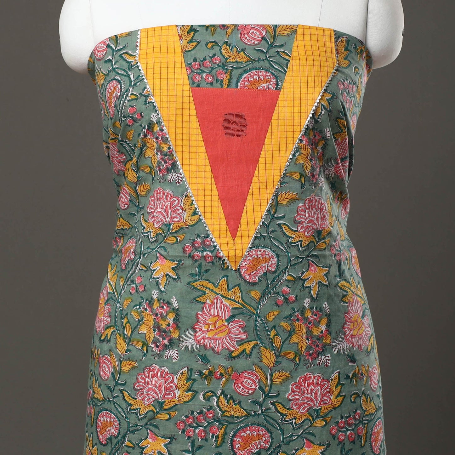 Green - sanganeri cotton patchwork unstitched kurta