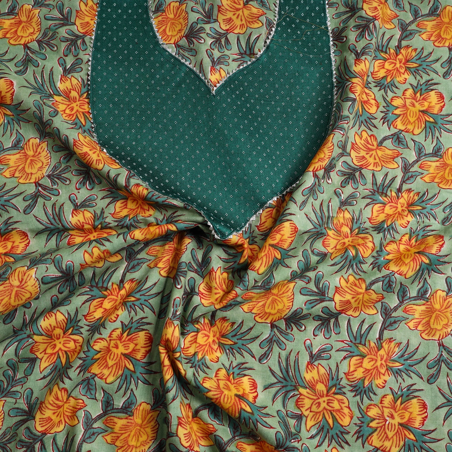Green - sanganeri cotton patchwork unstitched kurta