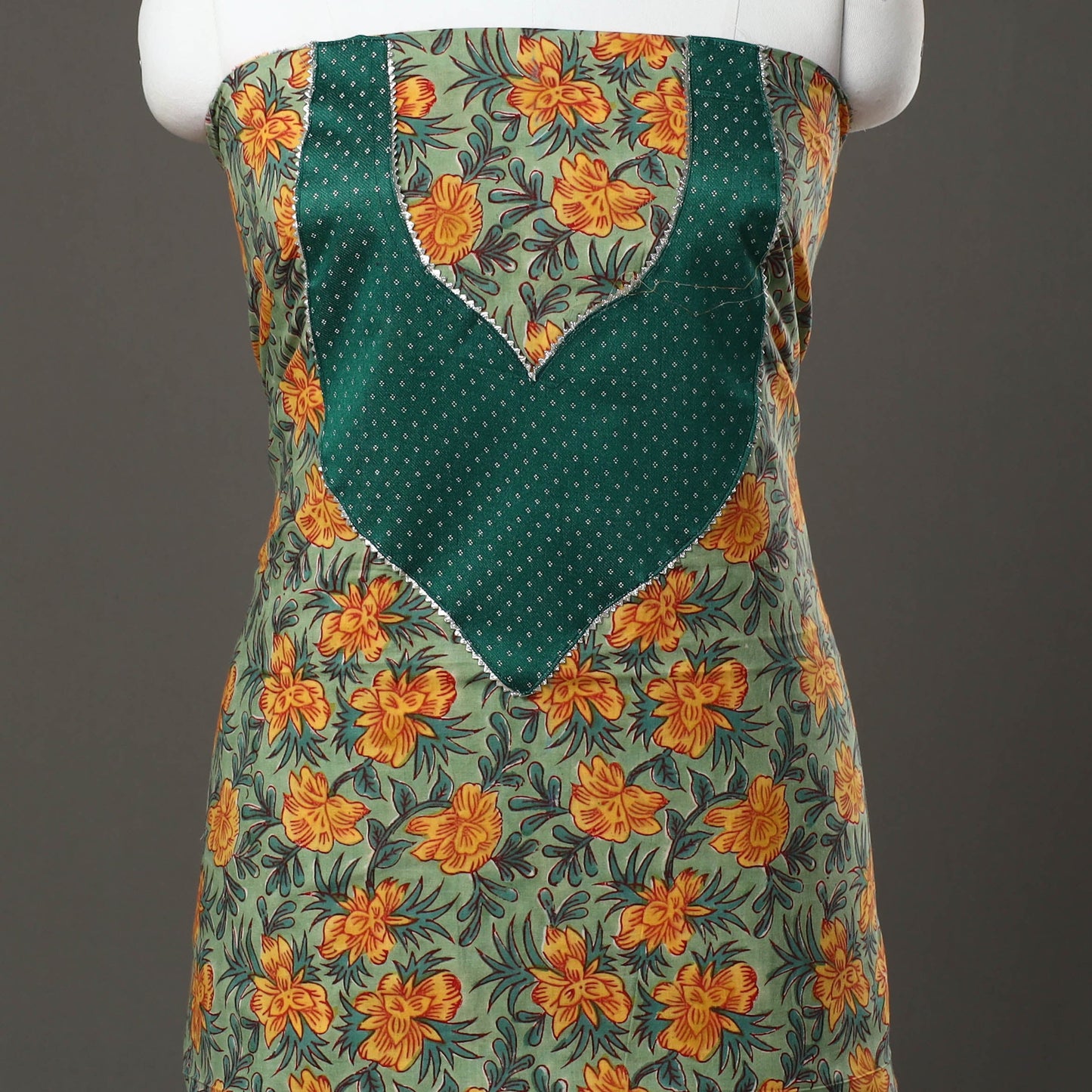 Green - sanganeri cotton patchwork unstitched kurta